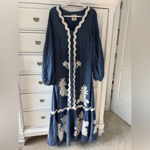 Farm Rio Long Sleeve Maxi Blue and White Dress